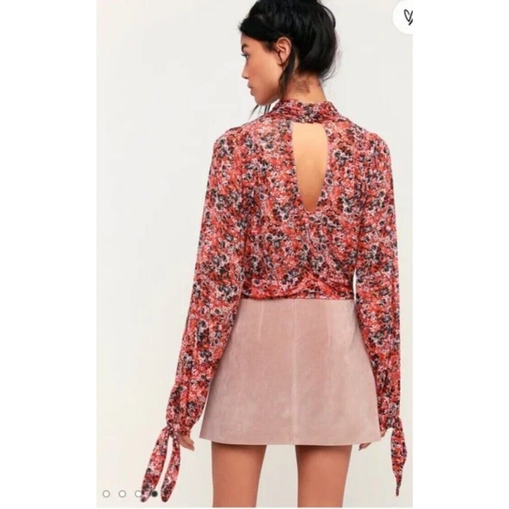 Free People Top Women XS Mesh Floral Cut Out Back High Neck Long‎ Sleeve Boho